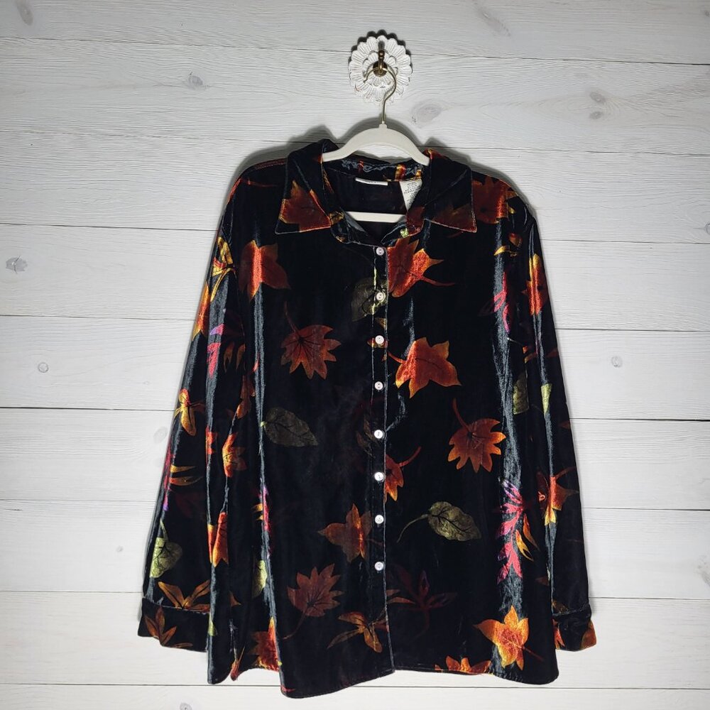 White Stag Shirt Velour Fall Leaves  Button Up Plus Size.
